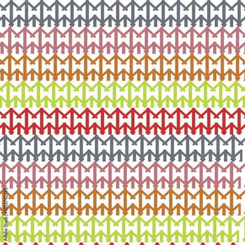 Angular repeating shapes or merging colored arrows.