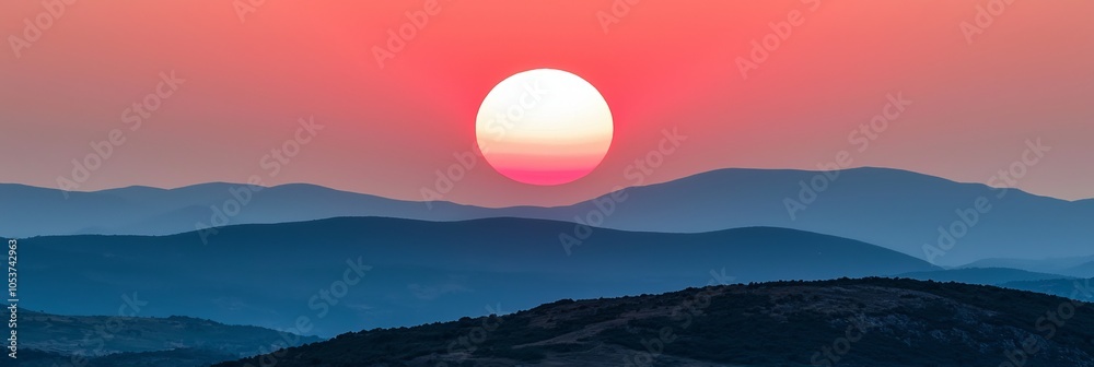 Fototapeta premium Foreground holds mountains; Backdrop, red and blue sky