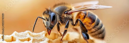  A tight shot of a bee on bread, with its eyes concealed and head tilted to the side photo