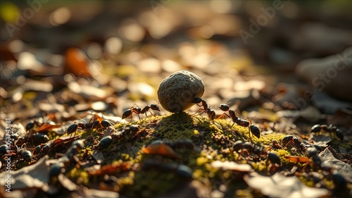 Ants Collecting Food on a Forest Floor