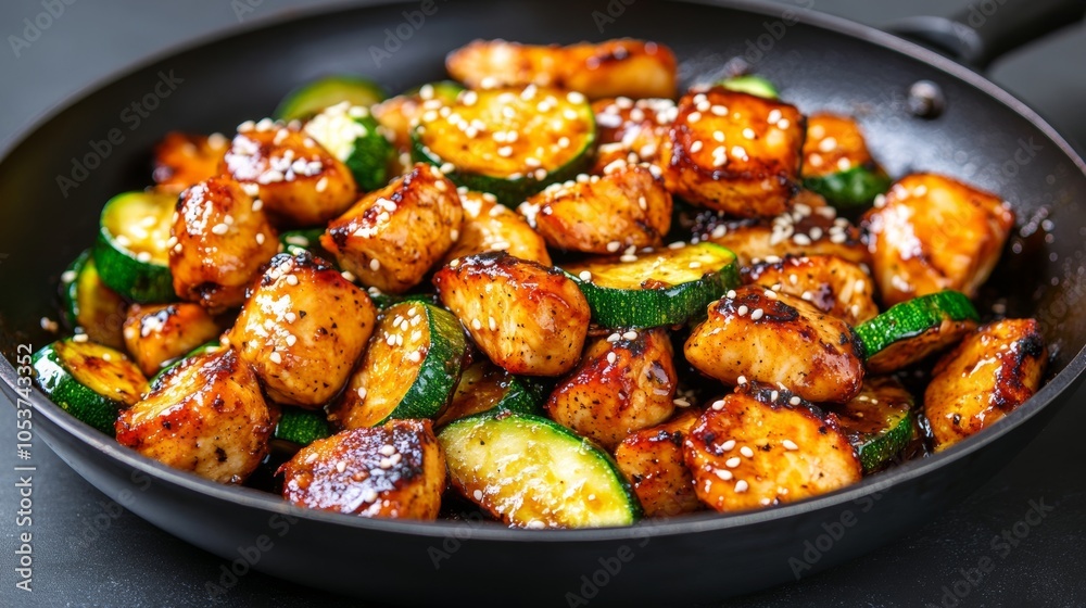 Stir-fried chicken and zucchini tossed in a sweet and spicy sauce, garnished with sesame seeds and served in a sizzling hot pan Stir-fried chicken and zucchini tossed in a sweet and spicy sauce, garnished with sesame seeds and served in a sizzling hot pan