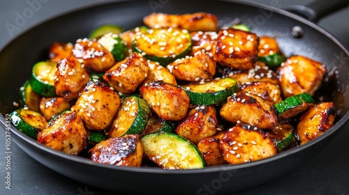 Stir-fried chicken and zucchini tossed in a sweet and spicy sauce, garnished with sesame seeds and served in a sizzling hot pan 