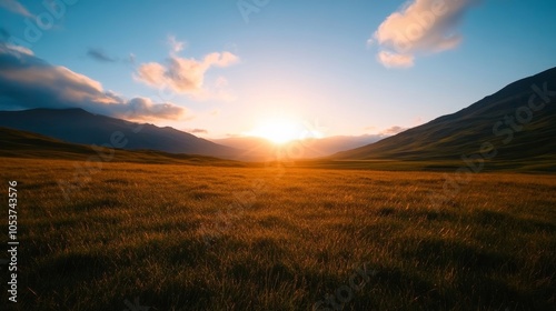 View of the Scottish Highlands at sunrise, golden light illuminating the rugged landscape, symbolizing natural beauty for St Andrew's Day  photo