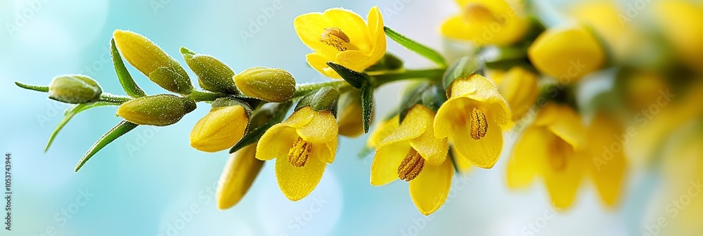 Obraz premium A tight shot of flower blooms on a branch, water beads adorn petals, backdrop softly blurred
