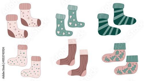 Christmas sock template with winter pattern design. Xmas icon with hosiery pair for national day in December. Two autumn warm short foot cloth. Cotton or wool cute graphic with tree ornament set.