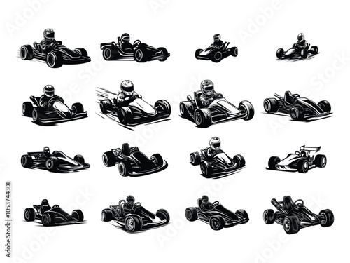 Set of Go-Kart Racing Silhouettes - High-Speed Karting Vector Illustrations