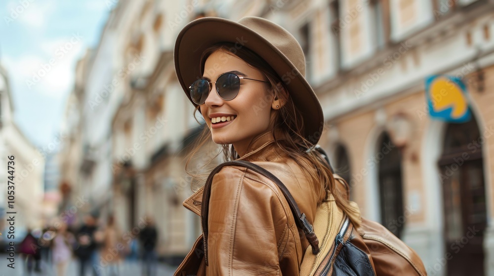 Fototapeta premium Fashion. Young stylish woman walking on the city street looking back camera smiling playful