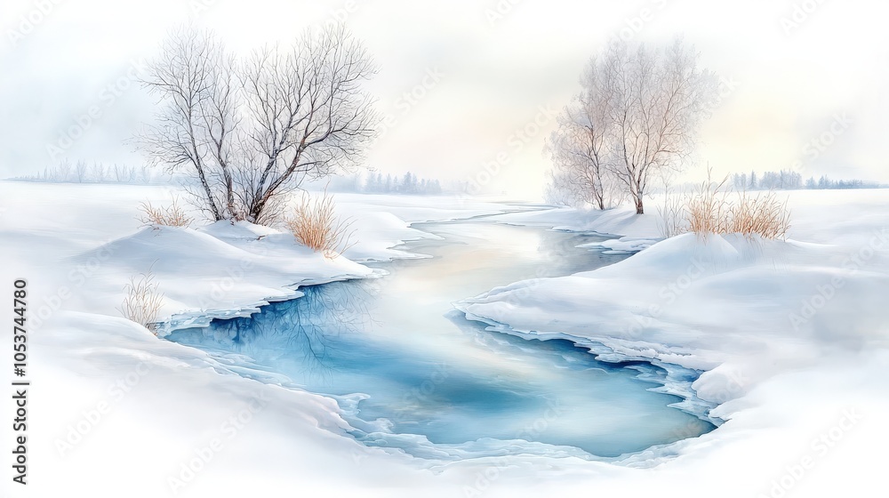 Frozen riverbed with cracks and snow patterns, trees along the banks, a quiet winter day with soft overcast light Frozen riverbed with cracks and snow patterns, trees along the banks, a quiet winter day with soft overcast light