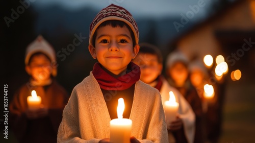 Candlelit procession walking through a village at dusk, with children dressed as Mary and Joseph, celebrating the tradition of Las Posadas 