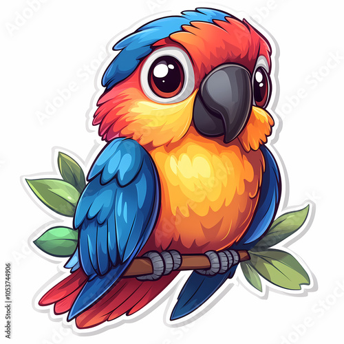 Animal stickers with a Cute cartoon parrot on a white background photo