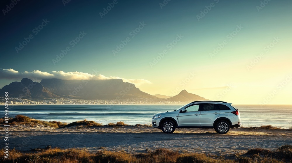 Fototapeta premium Explore breathtaking coastal landscapes with our stylish SUV, offering unmatched comfort and performance for your ultimate adventure journey.