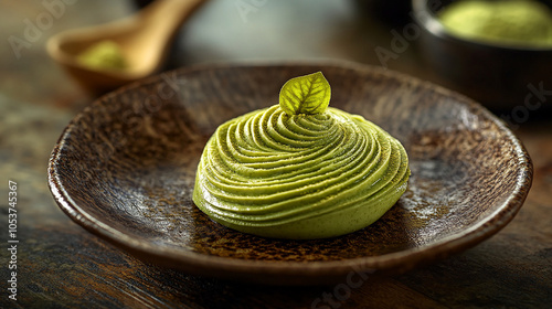 Matcha Mont Blanc elegantly plated on a brown dish photo