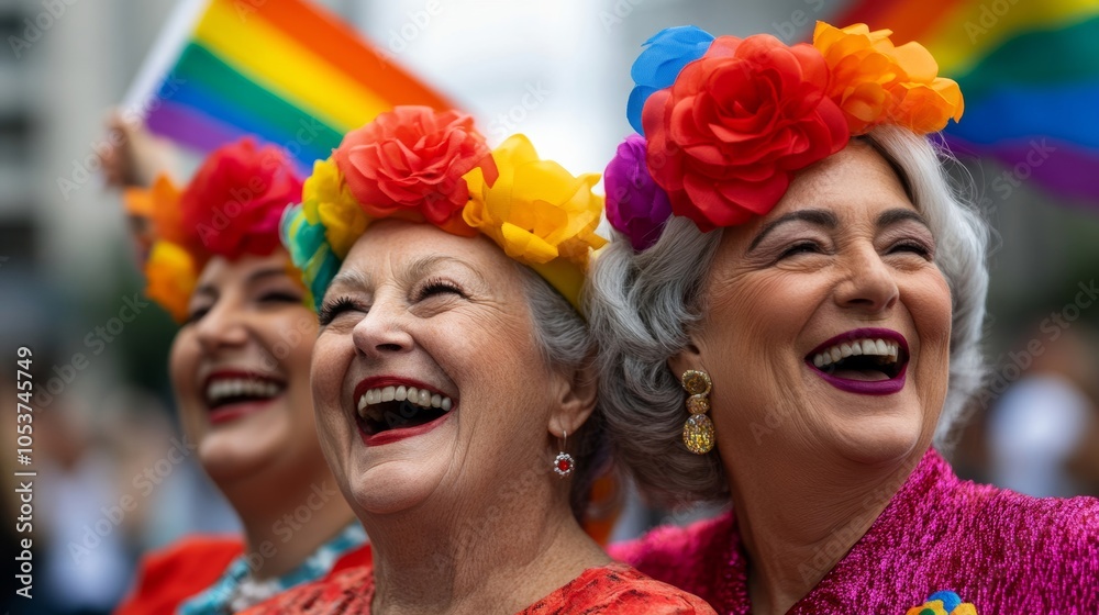 Obraz premium Elder LGBTQ+ friends laughing together at a pride parade, wearing rainbow hats and waving flags, embodying joy and visibility 