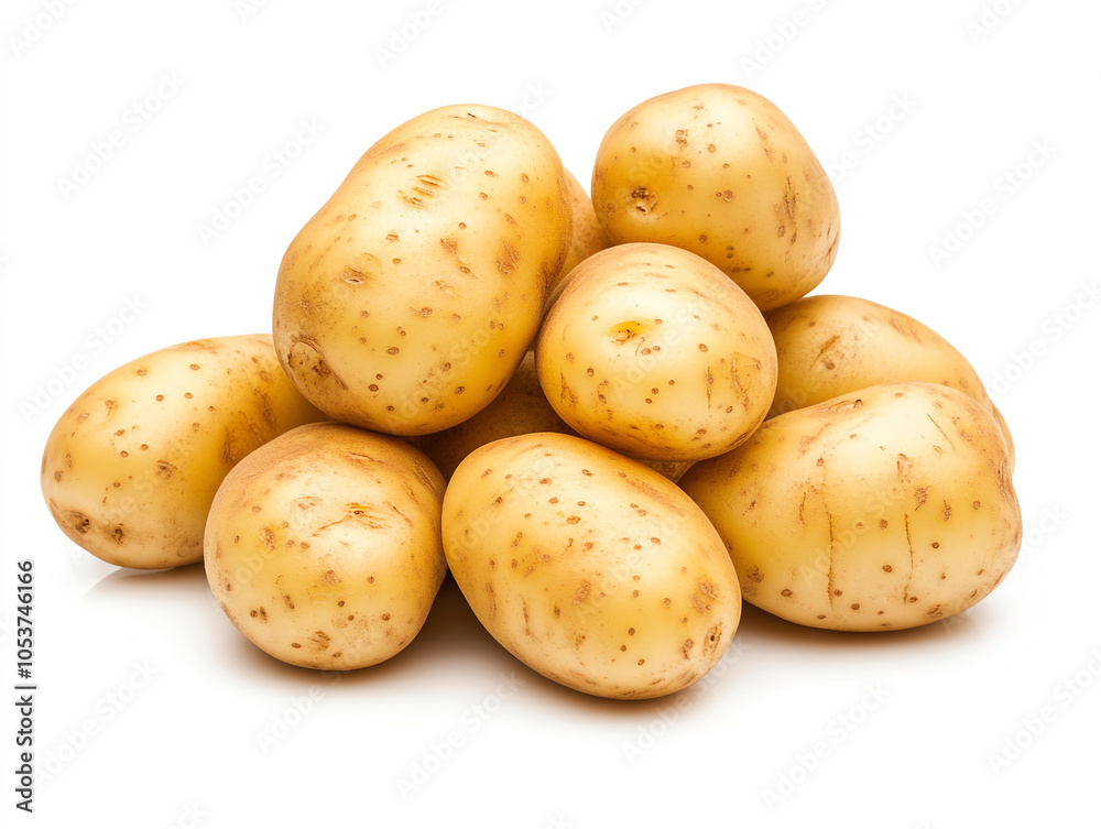 Fresh potatoes stacked together on white background, showcasing their earthy texture and natural color. These versatile vegetables are perfect for various culinary creations Fresh potatoes stacked together on white background, showcasing their earthy texture and natural color. These versatile vegetables are perfect for various culinary creations