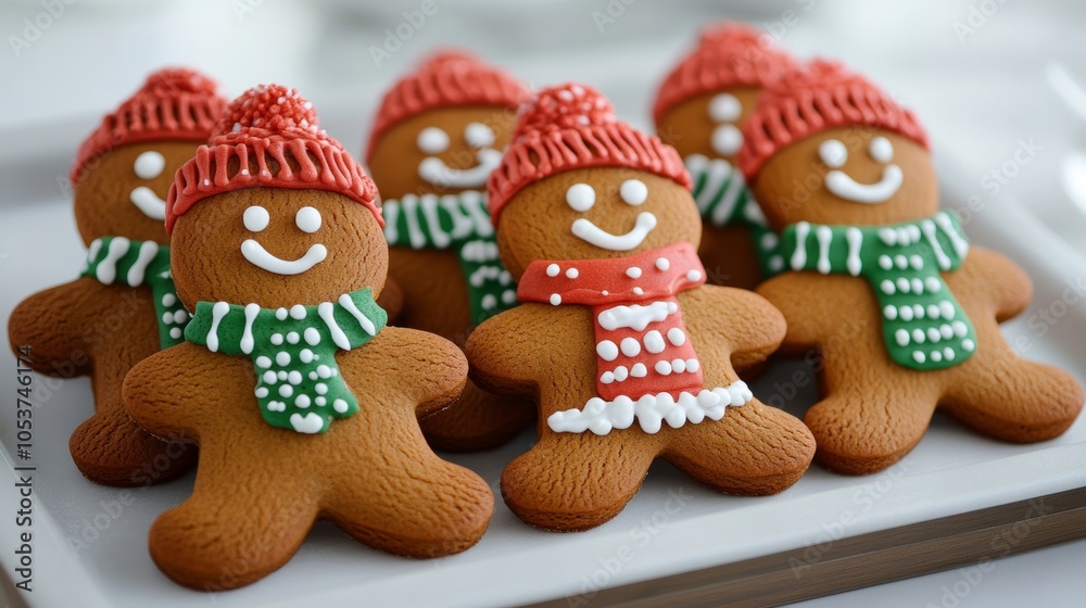 Gingerbread men wearing icing scarves and hats, lined up on a baking sheet, ready for Gingerbread Decorating Day fun Gingerbread men wearing icing scarves and hats, lined up on a baking sheet, ready for Gingerbread Decorating Day fun