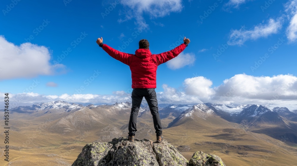 Hiker standing triumphantly at the summit of a rugged mountain, overlooking a vast landscape of rolling peaks, celebrating International Mountain Day Hiker standing triumphantly at the summit of a rugged mountain, overlooking a vast landscape of rolling peaks, celebrating International Mountain Day