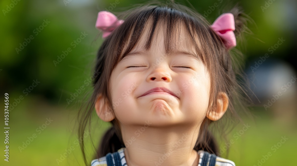 eyes shut, adorned with a pink bow atop her head eyes shut, adorned with a pink bow atop her head