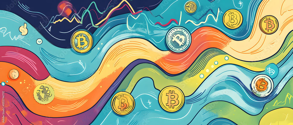 dollar production, coins, stock graphs, and Bitcoin in various creative graphic styles dollar production, coins, stock graphs, and Bitcoin in various creative graphic styles
