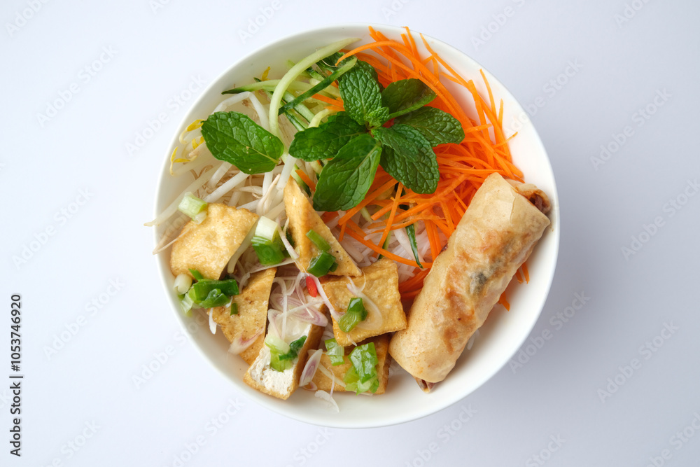 Tofu noodle salad topped with fried lumpia and fresh mint leaves. Tofu noodle salad topped with fried lumpia and fresh mint leaves.