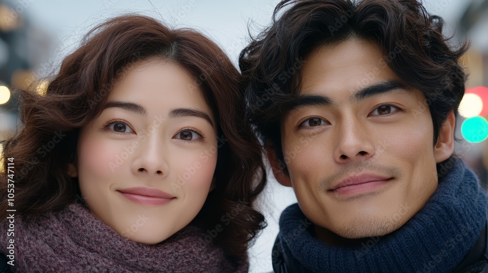 A man and a woman stand side by side, facing a street with a traffic light looming behind them A man and a woman stand side by side, facing a street with a traffic light looming behind them