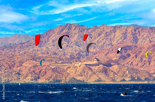 Water sport and recreation activities, sunny and windy day on the Red Sea