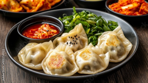 Plateful of Korean mandu dumplings, crispy and golden, served with a side of kimchi and dipping sauces for a delicious fusion meal 