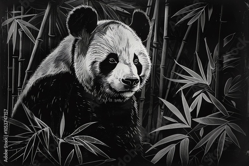 A majestic panda bear sits amidst a grove of bamboo, its black and white fur contrasting with the verdant foliage. photo