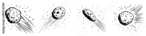 Modern and illustration comet and star, black and white, hand drawn, sketch style, isolated on white.