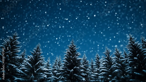 Snowflakes gently falling against a dark blue night sky, creating a peaceful and magical Winter Solstice scene 