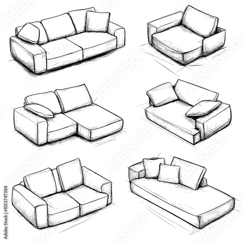 An isolated set of sofas with a white background. Sketched illustration in an abstract style.