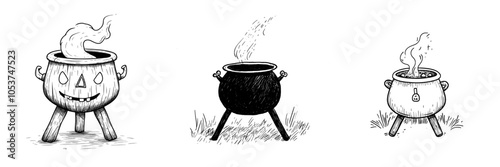 The cauldron sketches illustration is hand drawn in black ink on a white background. The illustration is grungy in style and isolated on a white background.