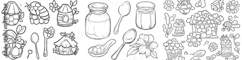 This is a vintage organic honey product with elements drawn from bee honeycomb and honey jars. Doodle flowers and beeswax complete the picture.