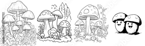 Isolated on white, poison mushroom modern hand drawn illustration tattoo sketch style