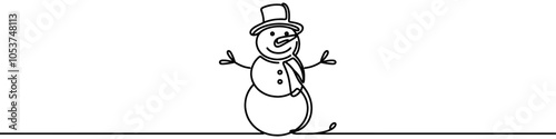 Continuous line art drawing a smiling snowman on snowy hills for a winter holiday design