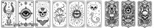 A vintage hand drawn occult tarot card with skull, lotus, and evil eye symbols. Esoteric, astrological elements for prediction.