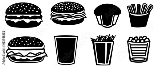 A modern illustration set consisting of burger houses, pizza houses and drinks. Mail art, fast food lettering, street food cafes, bakeries, restaurant badges, pizzas and burgers, burgers and