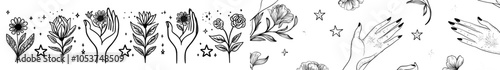 Minimalist hand drawn floral symbols. Modern magical tattoo elements. Magic flower, mystic hand beauty with bloom.