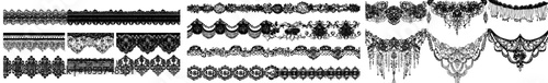 The seamless black and white lace borders set of modern illustration elements. Seamless black gorgeous stripe, delicate simple pattern.