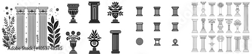 A set of engraved pillar orders from Greek and Roman architecture with ionic and doric capitals. Ancient greek and roman architectural orders isolated on a black background.