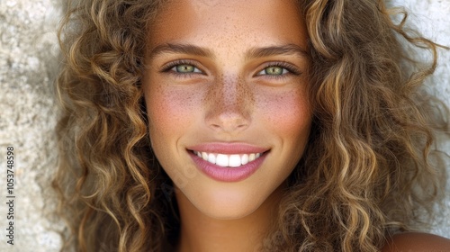  A close-up of a woman's face adorned with freckles