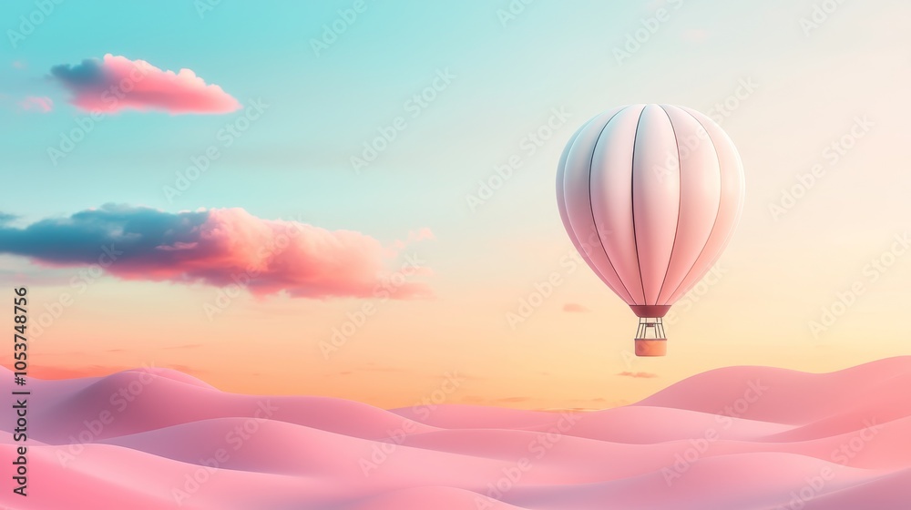 Fototapeta premium Minimalist Hot Air Balloon Gliding Above Soft Terrain