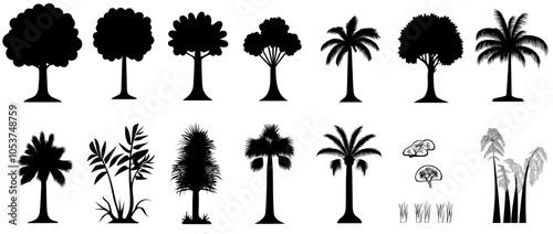 A realistic black silhouette of palm trees is isolated on a white background in this tropical palm trees sketch set.