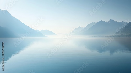  A scene featuring a body of water framed by a mountain range, with a fog-filled sky overhead