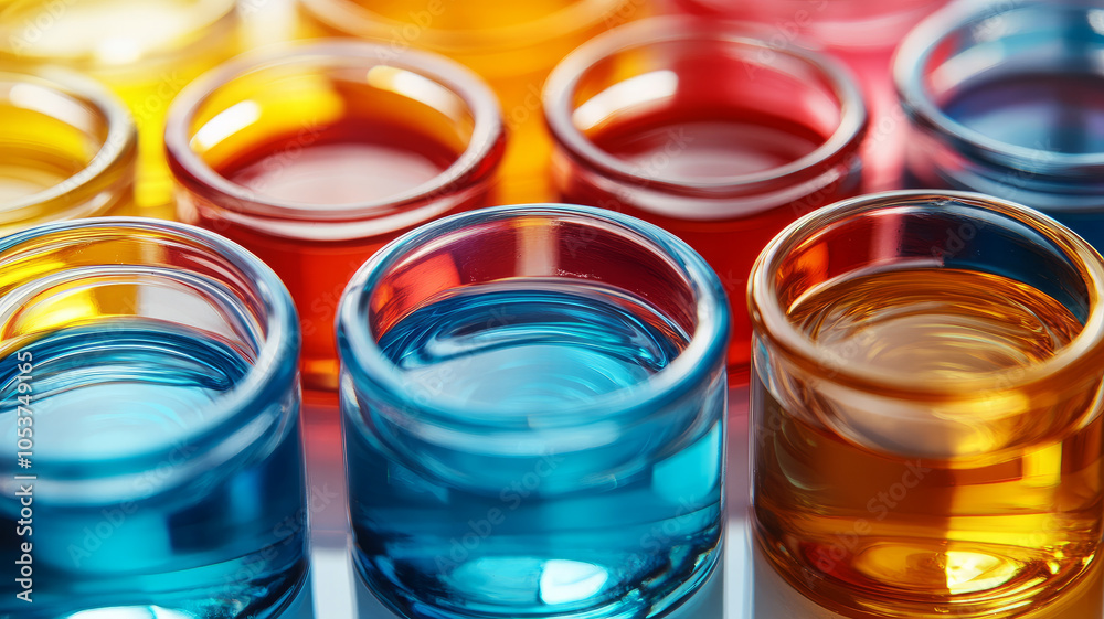 Colored test tubes arranged in rows, close-up view. Colored test tubes arranged in rows, close-up view.