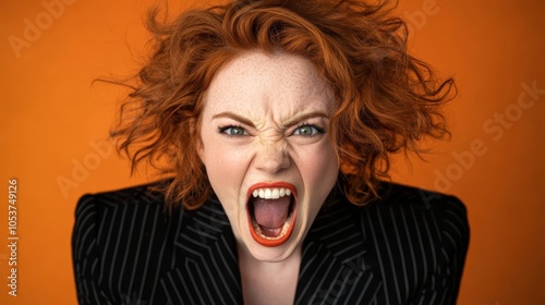  A woman with red hair and an unnerving expression, her mouth agape photo