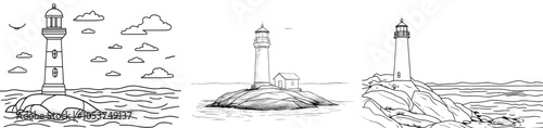 Modern seascape. Lighthouse. Hand drawn illustration. Sea coast graphic landscape sketch.