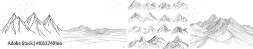 An illustration set of linear mountain ranges with continuous outline peaks. Illustration suite for travel landscapes