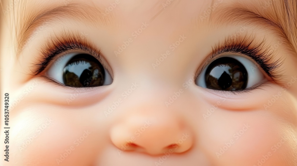 Naklejka premium A tight shot of a baby's face, toothbrush in mouth, blues eyes shining