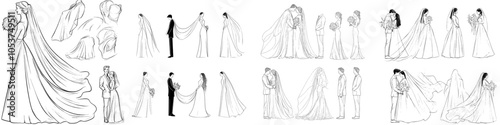 The bride and groom collection sketch, a modern outline isolated on a white background