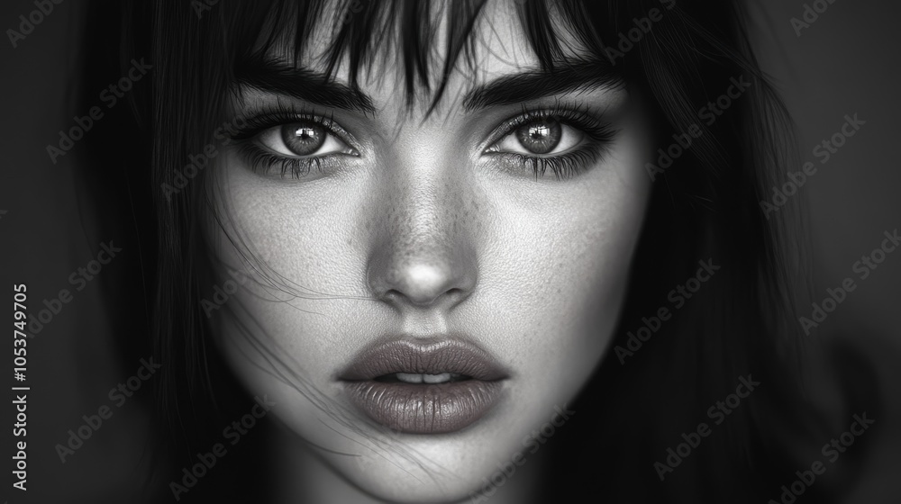 Fototapeta premium A black-and-white image of a woman's face with freckled complexion and dark hair
